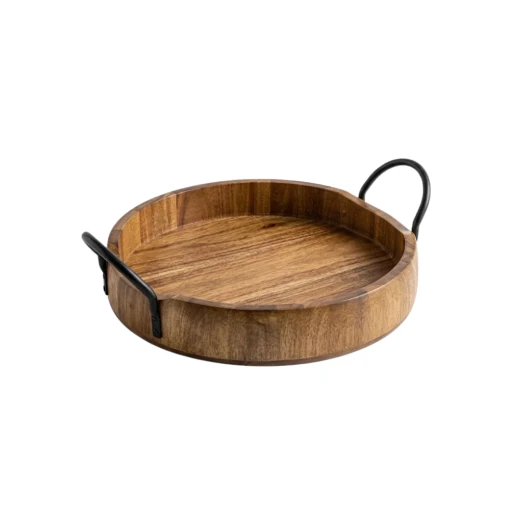 Wooden Round Acacia Wood Serving Tray with Metal Handles – natural Wooden Round Acacia Wood Serving Tray with Metal Handles – natural