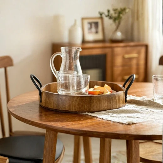Wooden Round Acacia Wood Serving Tray with Metal Handles – natural - Wooden - Image 2