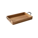 Wooden Rectangular Acacia Wood Serving Tray with Single Metal Handle - Wooden