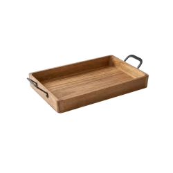 Wooden Rectangular Acacia Wood Serving Tray with Single Metal Handle