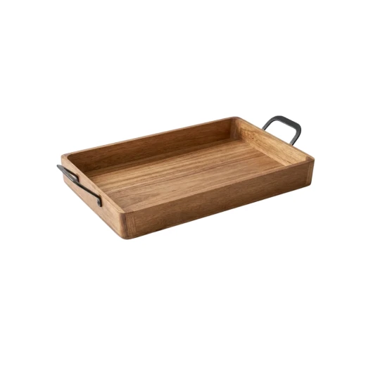 Wooden Rectangular Acacia Wood Serving Tray with Single Metal Handle Wooden Rectangular Acacia Wood Serving Tray with Single Metal Handle