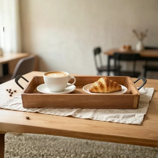 Wooden Rectangular Acacia Wood Serving Tray with Single Metal Handle - Wooden - Image 2