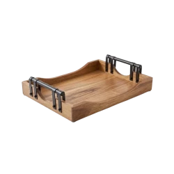 Wooden Rectangular Acacia Wood Serving Tray with Metal Handles (Small) – natural