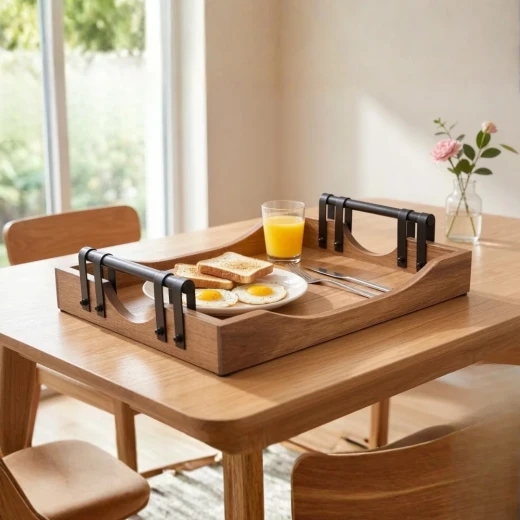 Wooden Rectangular Acacia Wood Serving Tray with Metal Handles (Small) – natural - Wooden - Image 2