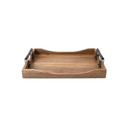 Wooden Rectangular Acacia Wood Serving Tray with Metal Handles (Large) – natural
