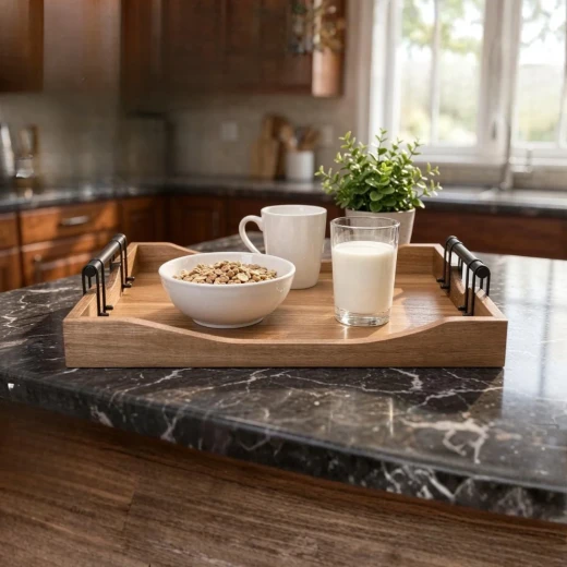 Wooden Rectangular Acacia Wood Serving Tray with Metal Handles (Large) – natural - Wooden - Image 2