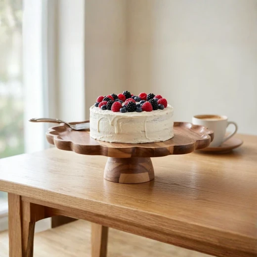 Cake Stand with Wooden Base and Scalloped Edges - Wooden - Image 2