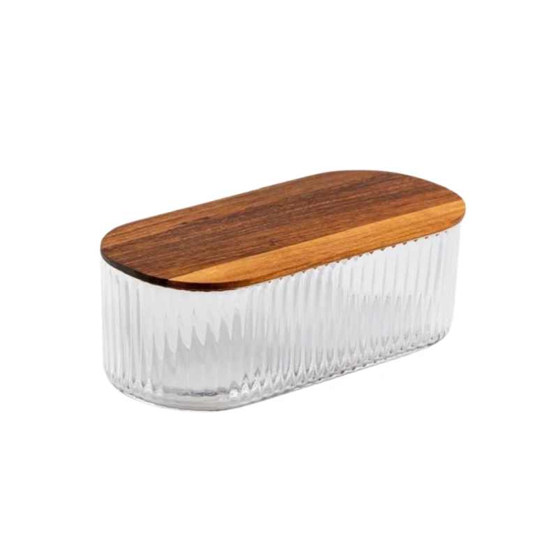 Oval Glass Bowl with Wooden Lid | small - Wooden