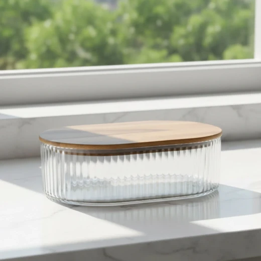 Oval Glass Bowl with Wooden Lid | Large - Wooden - Image 2