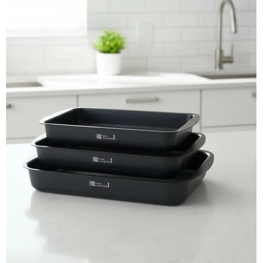 Cookware Set Granite Oven Trays | Set of 3 |Rectangular | Black - Black - Cookware Set - Image 2