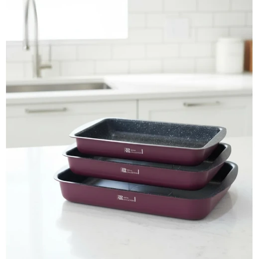 Cookware Set Granite Oven Trays | Set of 3 |Rectangular | Burgundy - Burgundy - Cookware Set - Image 2