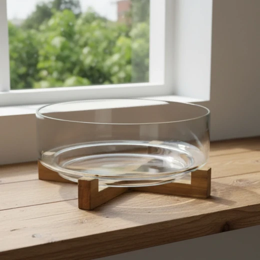 Round Glass Bowl with Wooden Base | Small - Wooden - Image 2