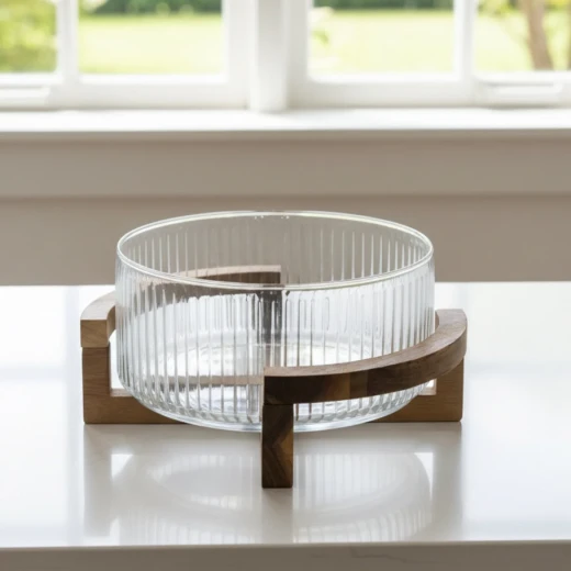 Round Glass Bowl with Wooden Base - Wooden - Image 2
