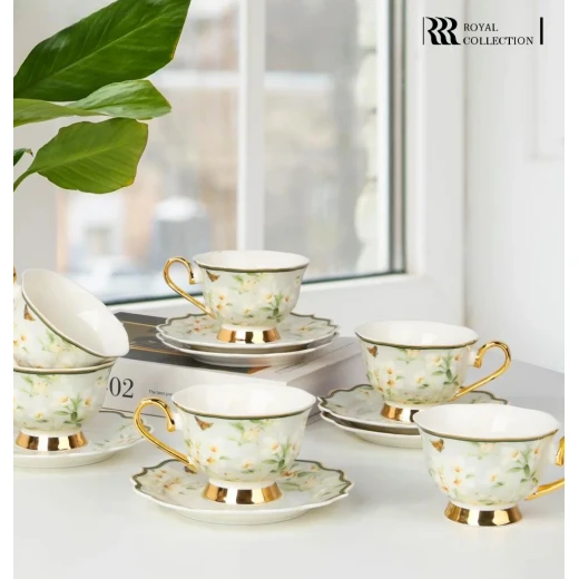 Royal Victoria Tea Cups with Foot | Set 6 Pieces | Yasmine - Victoria - Image 2