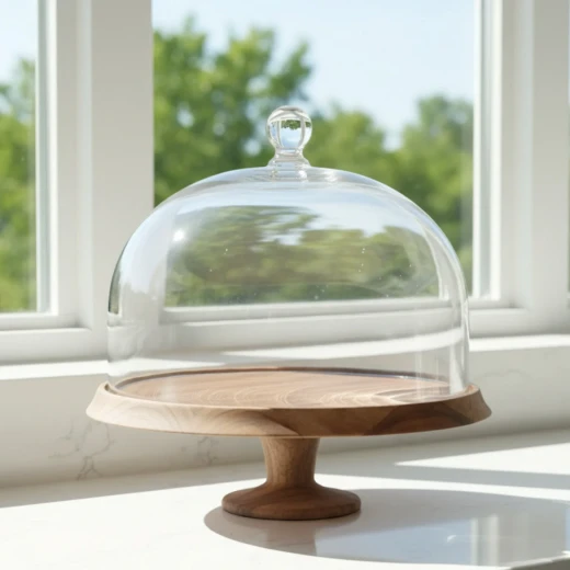 Cake Stand with Glass Dome & Wooden Base - Wooden - Image 2