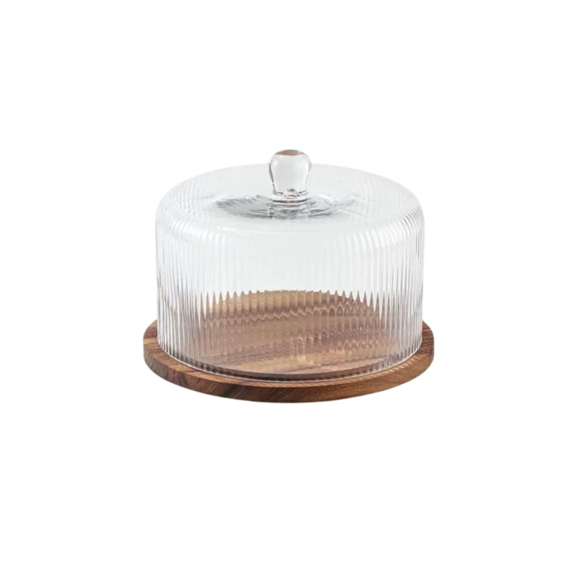 Cake Stand with Glass Dome & Wooden Base - Wooden