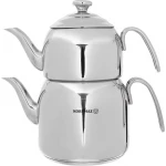 Korkmaz Double Steel Turkish Tea Set 1.1 and 2.3 Liter Silver for Authentic Tea Brewing - Korkmaz