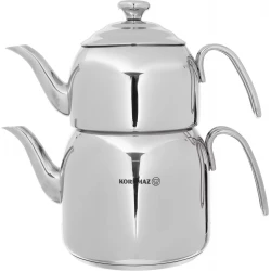 Korkmaz Double Steel Turkish Tea Set 1.1 and 2.3 Liter Silver for Authentic Tea Brewing