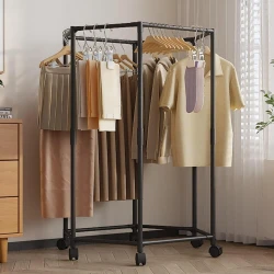 Hexagonal Rotating Clothes Rack with Wheels, Practical Mobile Garment Organizer for Hanging and Storing Clothes, Space-Saving Design for Bedroom or Dressing Room