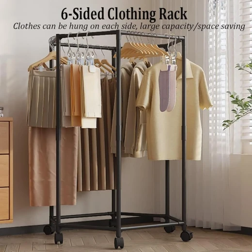 Hexagonal Rotating Clothes Rack with Wheels, Practical Mobile Garment Organizer for Hanging and Storing Clothes, Space-Saving Design for Bedroom or Dressing Room - Image 3