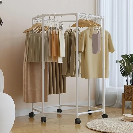 Hexagonal Rotating Clothes Rack with Wheels, Practical Mobile Garment Organizer for Hanging and Storing Clothes, Space-Saving Design for Bedroom or Dressing Room - Image 4