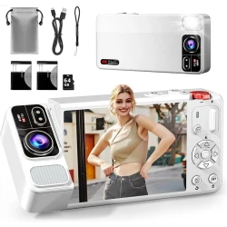GBT CV21 كاميرا رقمية 4K 64 ميجابكسل مع شاشة قابلة للقلب 270 درجة وتركيز تلقائي وفلاش وتقريب 18X وبطاريتين وبطاقة ذاكرة 64 جيجابايت