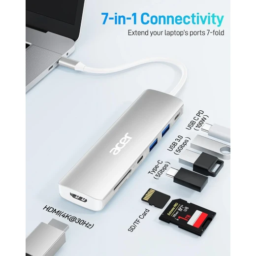 أيسر موزع USB C 7 في 1 مع HDMI، USB 3.0، USB-C، فتحات بطاقات SD و MicroSD، 5Gbps، توصيل طاقة 100 واط فضي - ايسر - Image 2