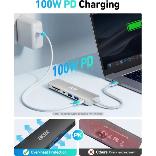 أيسر موزع USB C 7 في 1 مع HDMI، USB 3.0، USB-C، فتحات بطاقات SD و MicroSD، 5Gbps، توصيل طاقة 100 واط فضي - ايسر - Image 3