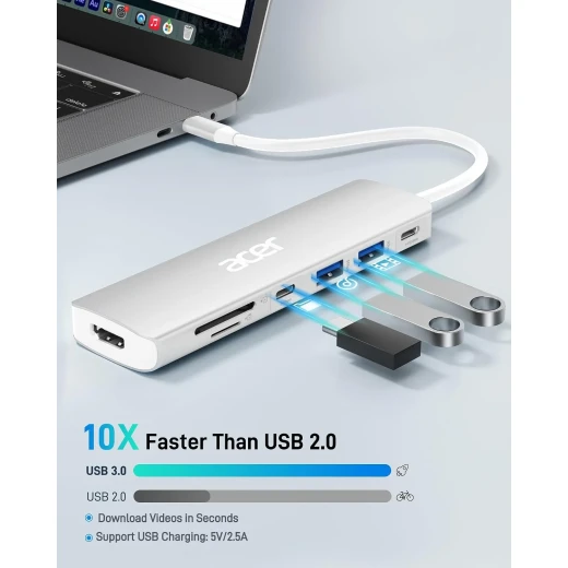 أيسر موزع USB C 7 في 1 مع HDMI، USB 3.0، USB-C، فتحات بطاقات SD و MicroSD، 5Gbps، توصيل طاقة 100 واط فضي - ايسر - Image 4