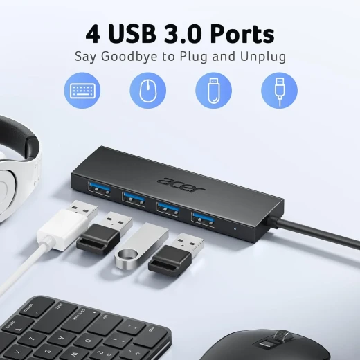 هب Acer USB 3.0 بأربعة منافذ – موزع USB هاب 4 منافذ مع كابل 4 قدم، وصلة USB للكمبيوتر واللابتوب والأجهزة الطرفية - ايسر - Image 2