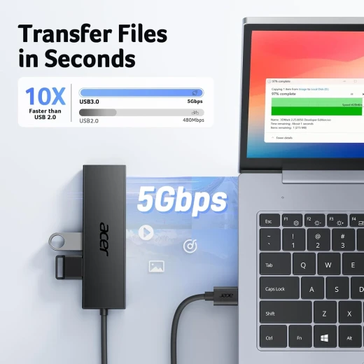 هب Acer USB 3.0 بأربعة منافذ – موزع USB هاب 4 منافذ مع كابل 4 قدم، وصلة USB للكمبيوتر واللابتوب والأجهزة الطرفية - ايسر - Image 3