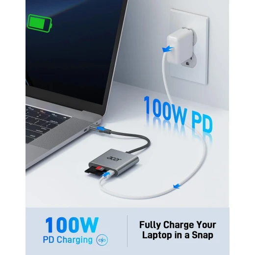 قارئ بطاقات Acer 3 في 1 UHS-II USB-C مع منفذ 100W PD باللون الرمادي - ايسر - Image 3