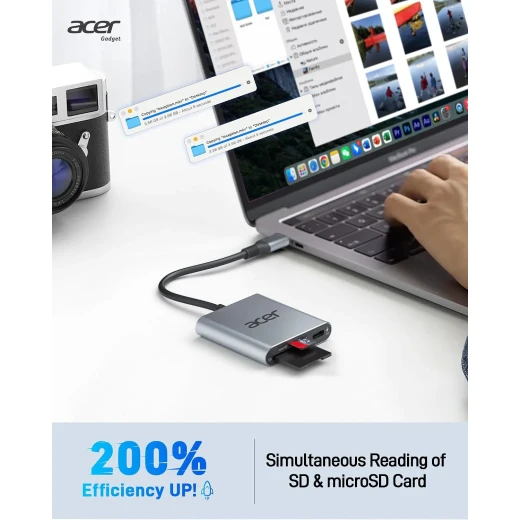 قارئ بطاقات Acer 3 في 1 UHS-II USB-C مع منفذ 100W PD باللون الرمادي - ايسر - Image 4
