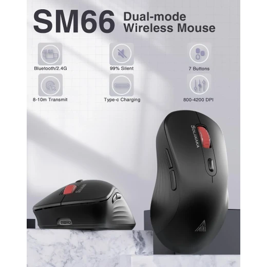 سولاكاكا ماوس لاسلكي صامت ثنائي الوضع SM66 4800 نقطة لكل بوصة قابل لإعادة الشحن - سولاكاكا - Image 2
