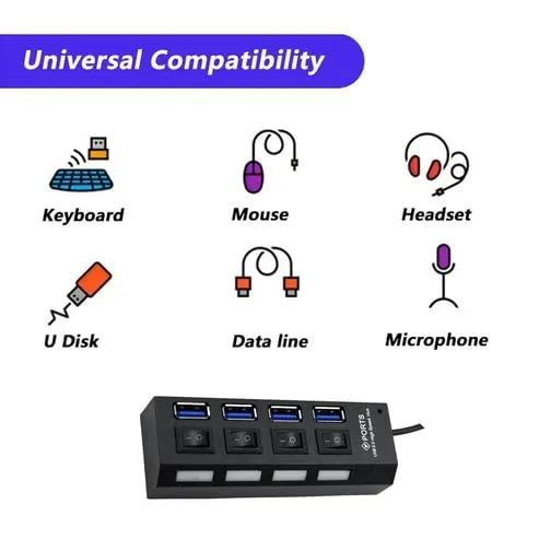 4-Port USB 2.0 Hub High-Speed Splitter with Individual On/Off Switches and LED Indicators 6954810100169 - Image 4