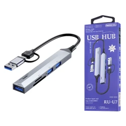 محول USB-C متعدد المنافذ 5 في 1 من الألومنيوم RU-U7، منافذ USB 3.0 وHDMI وSD، نقل بيانات سريع واتصال مستقر لأجهزة اللابتوب والأجهزة اللوحية
