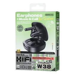REMAX CozyBuds W38 Wireless Earphones Black with Bluetooth 5.0, dynamic bass, up to 5 hours of playback, IPX5 water resistance and touch controls.