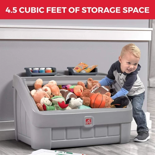 Step2 2-in-1 Toy Box & Art Lid: Gray Kids Storage Chest & Easel Combo for Toddlers Aged 2+, Durable Plastic Construction, Ideal for Organizing Toys and Creative Play - Image 2