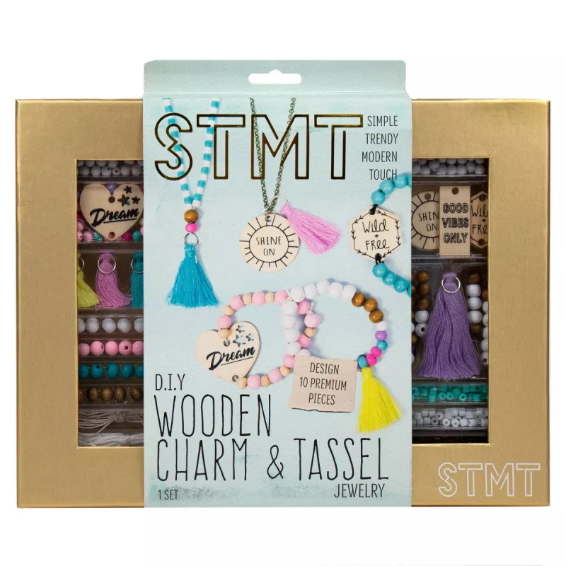 STMT DIY Wooden Charm and Tassel Jewelry Making Kit, Craft Set, 10+ Pieces