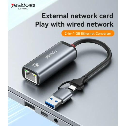محول يسيدو HB26 ثنائي الاستخدام من USB وType-C إلى RJ45، محول شبكة سلكية للأجهزة المتوافقة، تصميم عملي وسهل الاستخدام للاتصال بالإنترنت - يسيدو - Image 3
