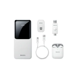 يسيدو شاحن لاسلكي 5 في 1 بقوة 12 واط مع سماعات أذن وكابل وباور بانك وفلاش درايف CG10 أبيض