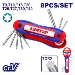 EMTOP 8 Piece Folding Torx Key Set T9 to T40 Compact Cr-V Steel Construction with Protective Chrome Plating and Pocket Sized Folding Handle Ideal for Automotive and DIY Repairs