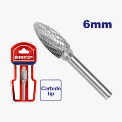 EMTOP 6mm Tungsten Carbide Flame Rotary File EHRRC0602 Double Cut Rotary Burr Bit For Precise Metal Grinding Stone Carving Deburring Tool Accessory