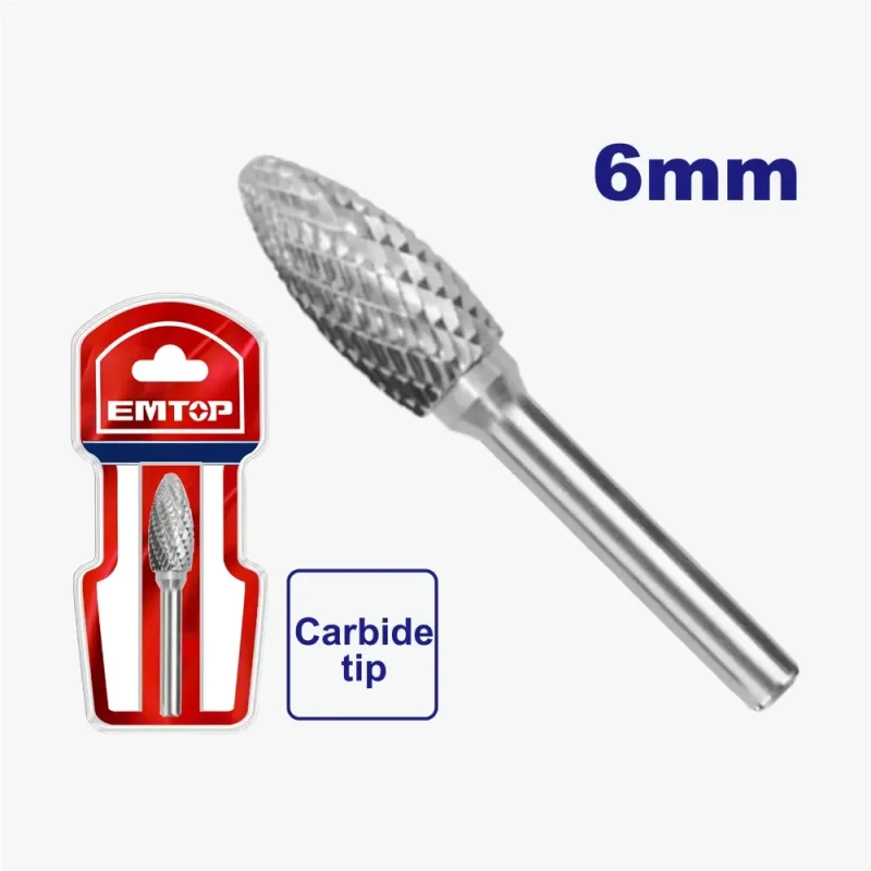 EMTOP 6mm Tungsten Carbide Flame Rotary File EHRRC0602 Double Cut Rotary Burr Bit For Precise Metal Grinding Stone Carving Deburring Tool Accessory - Emtop