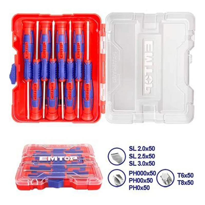 EMTOP ESSTP0802 8-Piece Precision Screwdriver Set – Industrial Cr-V Steel Screwdrivers with Ergonomic Grip Handles, Ideal for Detailed Work, Electronics, Assembly, Repair, Maintenance, DIY & Workshop Applications - Emtop