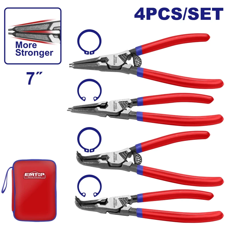 EMTOP 4-Piece 180mm Snap Ring Pliers Set with Grip Handles in Cartridge – Durable Circlip Pliers for Installing and Removing Retaining Rings, Ideal for Repair, Maintenance, Assembly & Workshop App - Emtop