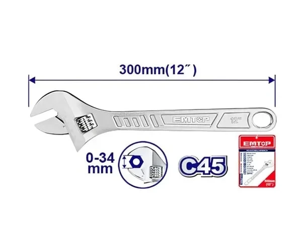 EMTOP 12-inch Heavy-Duty Adjustable Wrench with Non-Slip Comfortable Grip & Durable Steel Build for Professionals (EAWH131222) - Emtop