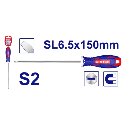مفك براغي مسطح إيمتوب S2 مقاس SL6.5×150 مم ESDRSL6602 – شفرة فولاذية قوية ومتينة لفك وربط البراغي، مناسب لأعمال التركيب والإصلاح والصيانة والورش والاستخدام المنزلي