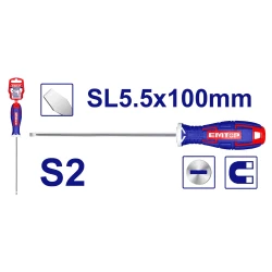 EMTOP ESDRSL5402 S2 Slotted Screwdriver SL5.5×100mm – Durable High-Strength Screwdriver with Precision Blade for Tightening and Loosening Screws, Ideal for Assembly, Repair, Maintenance, Workshop & DIY