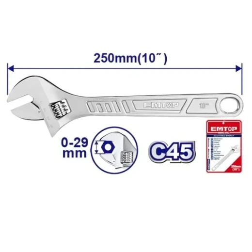 EMTOP 10 Inch Adjustable Wrench EAWH131022 Durable Steel Construction with Comfortable Non Slip Grip Ideal for Plumbing Mechanical Repairs and General Maintenance EMTOP 10 Inch Adjustable Wrench EAWH131022 Durable Steel Construction with Comfortable Non Slip Grip Ideal for Plumbing Mechanical Repairs and General Maintenance